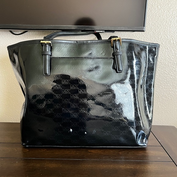Michael Kors Black and Gold Patent MK 
Leather Tote Bag - Picture 2 of 8